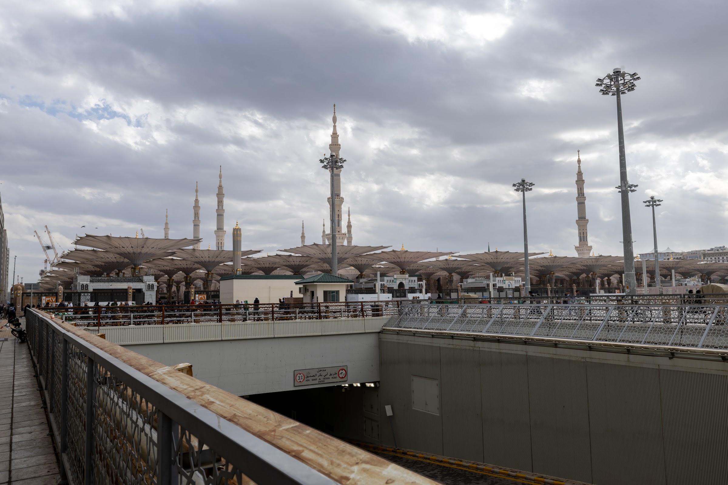 The Prophet's Mosque's minarets and umbrellas, close to the hotel