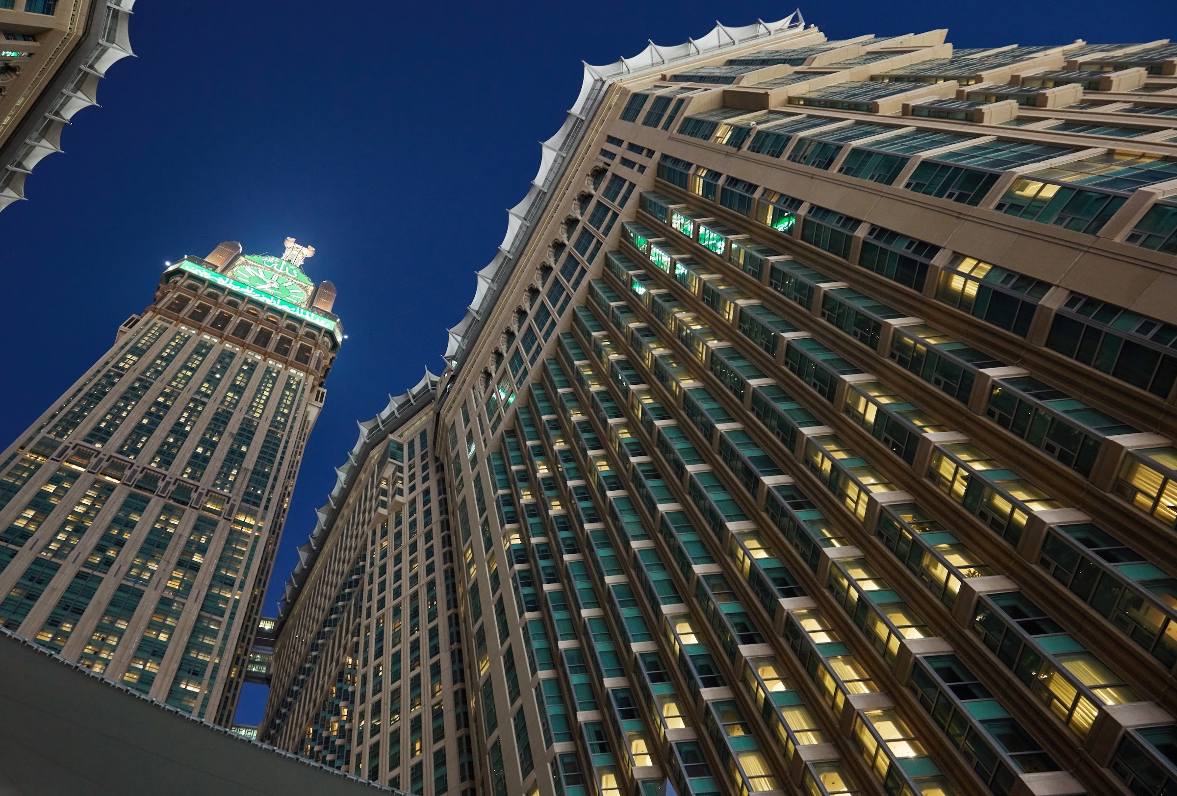 The hotel's tower and the Clock Tower at night