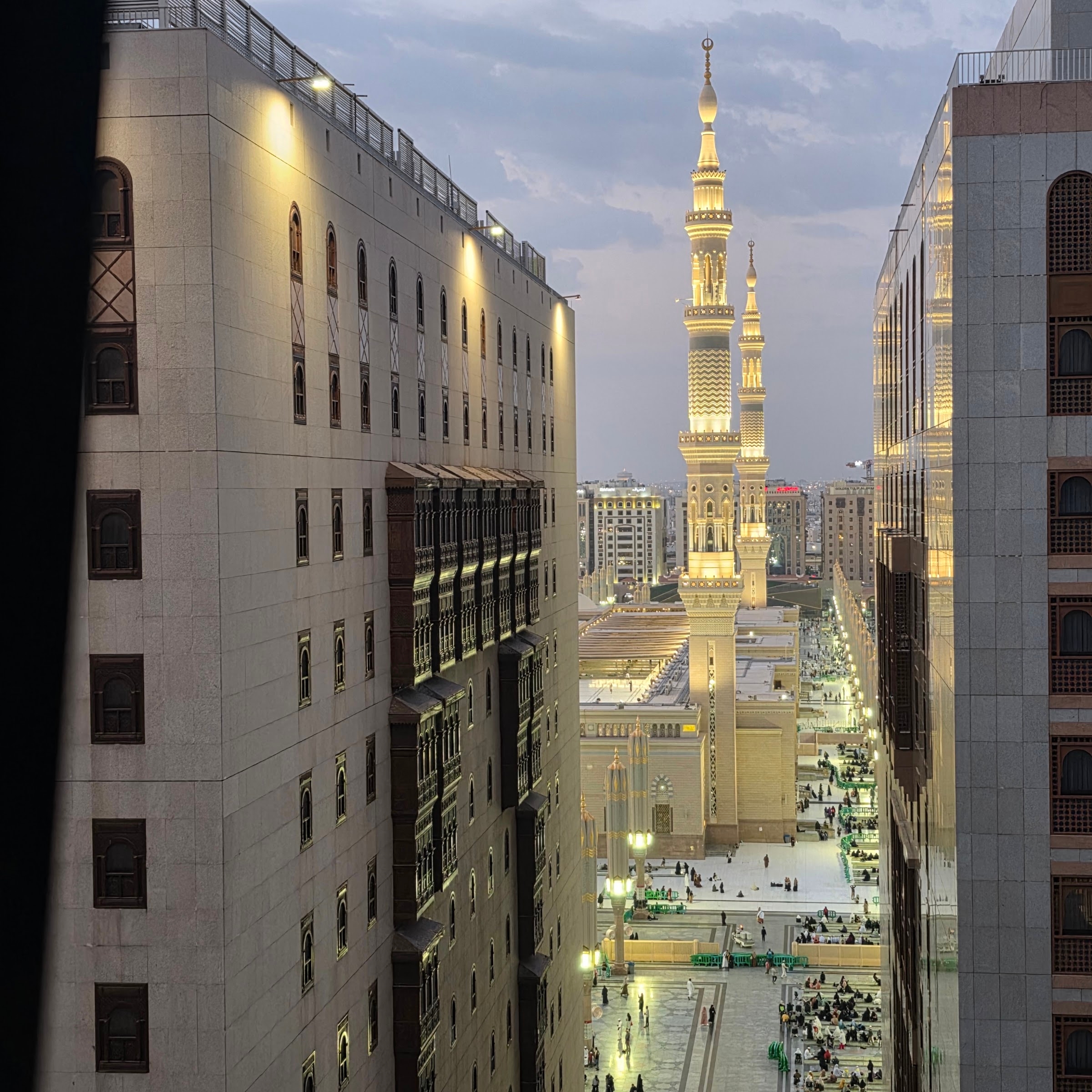The Prophet's Mosque's minarets from an upper floor of the hotel